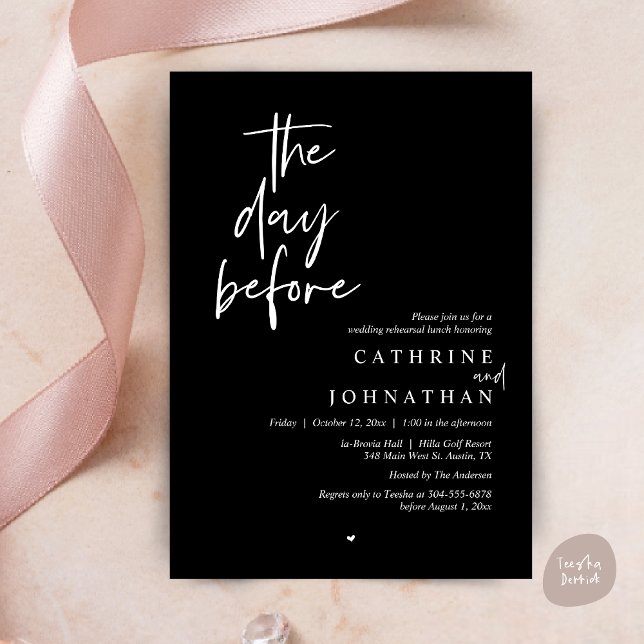 Vormittag, Hochzeitsessen, Probe Einladung (The day before, Modern Wedding Rehearsal lunch Invitation Card, PDF, in Classy Black)