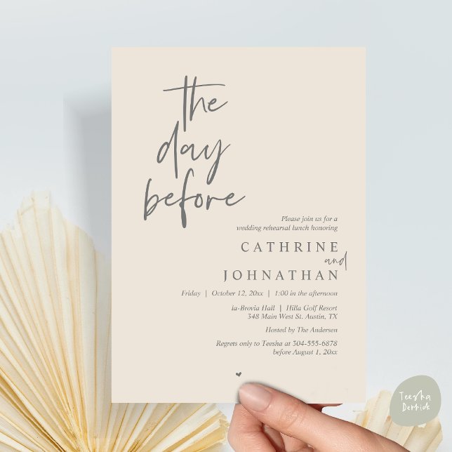 Vormittag, Hochzeitsessen, Probe Einladung (The day before, Modern Wedding Rehearsal lunch Invitation Card, PDF, in Cream Grey)