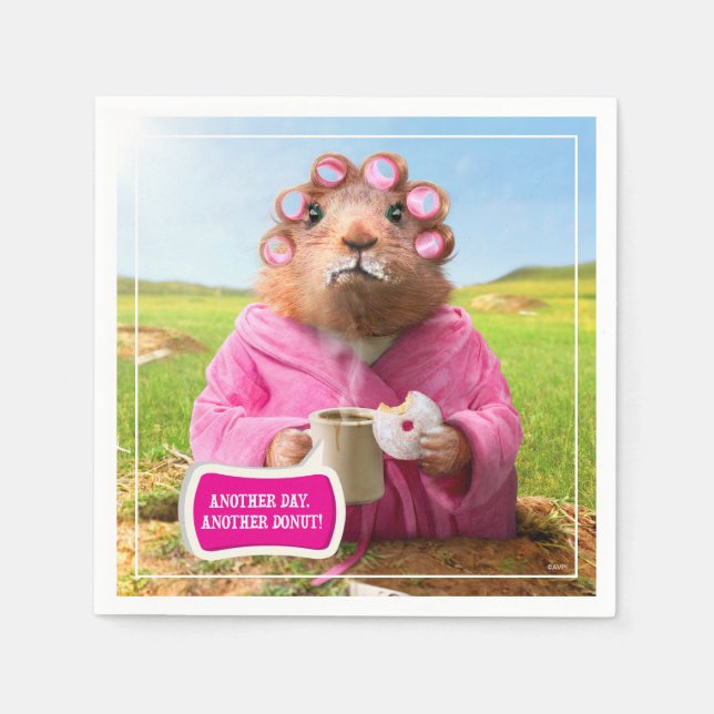 Vormittags Groundhog mit Frühstück Donut und Kaffe Serviette (Vorderseite)