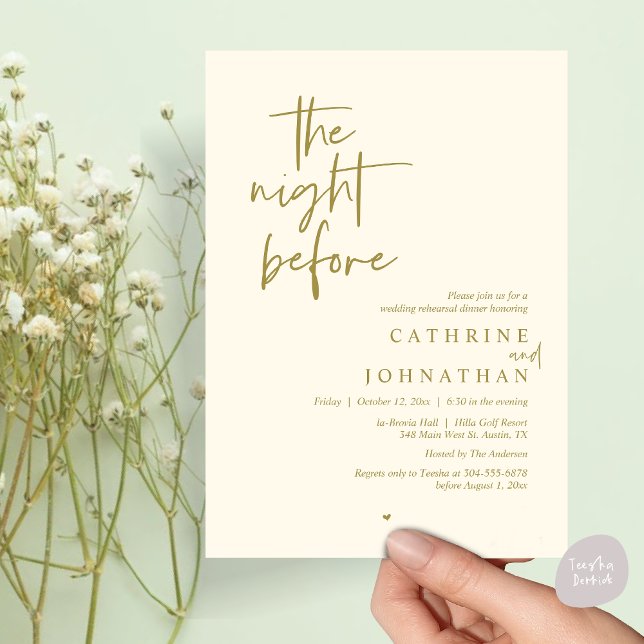 Vormittags Hochzeitsessen Probe Einladung (The night before, Modern Wedding Rehearsal Dinner Invitation Card, PDF, in yellow gold)