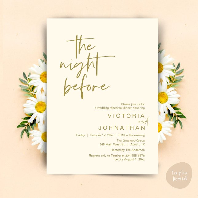 Vormittags Hochzeitsessen Probe Party Einladung (The Night Before, Wedding Rehearsal Dinner Party Invites Card PDF Romantic Modern Casual Yellow Gold)