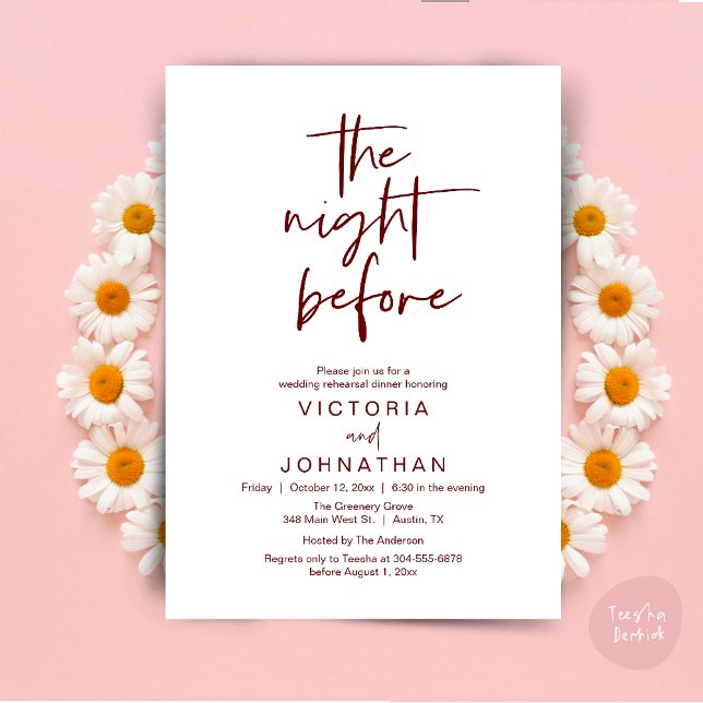 Vormittags, Hochzeitsessen Probe Party Einladung (The Night Before, Wedding Rehearsal Dinner Party Invites Card PDF Romantic Modern Casual Burgundy)