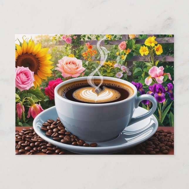 Vormittags Kaffee-Cup und schöner Blumengarten Postkarte (Vorderseite)
