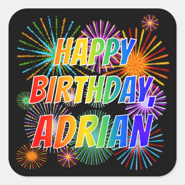 Vorname "ADRIAN", Fun "HAPPY BIRTHDAY" Quadratischer Aufkleber (Vorderseite)