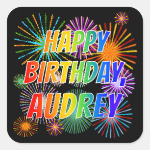 Vorname "AUDREY", Fun "HAPPY BIRTHDAY" Quadratischer Aufkleber