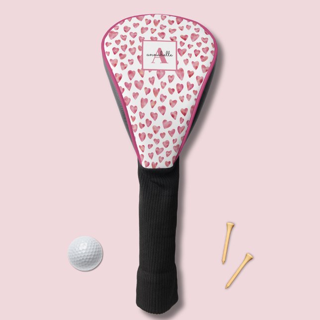 Vorname des rosa Heftmonogramms Golf Headcover (Pink watercolor love heart gold head cover)