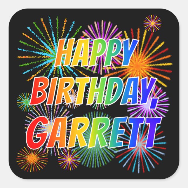 Vorname "GARRETT", Fun "HAPPY BIRTHDAY" Quadratischer Aufkleber (Vorderseite)