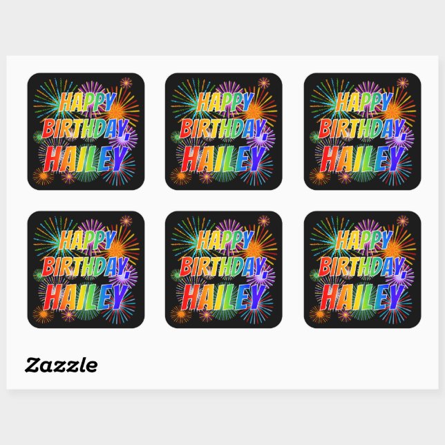 Vorname "HAILEY", Fun "HAPPY BIRTHDAY" Quadratischer Aufkleber (Blatt)