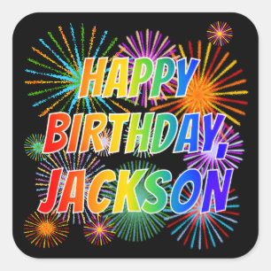 Vorname "JACKSON", Fun "HAPPY BIRTHDAY" Quadratischer Aufkleber
