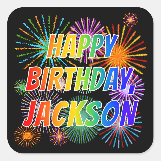 Vorname "JACKSON", Fun "HAPPY BIRTHDAY" Quadratischer Aufkleber (Vorderseite)