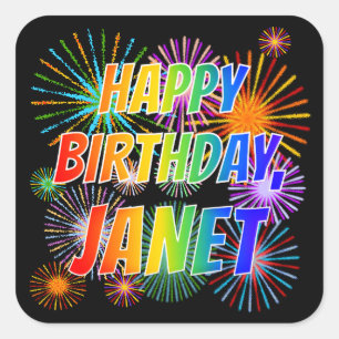 Vorname "JANET", Fun "HAPPY BIRTHDAY" Quadratischer Aufkleber