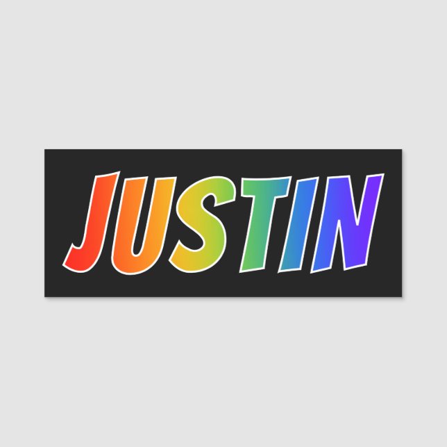 Vorname "JUSTIN": Spaß-Regenbogen-Farbton Namensschild (Vorderseite)