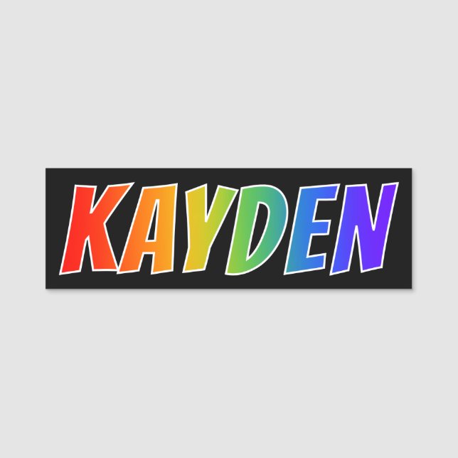 Vorname "KAYDEN": Spaß-Regenbogen-Farbton Namensschild (Vorderseite)