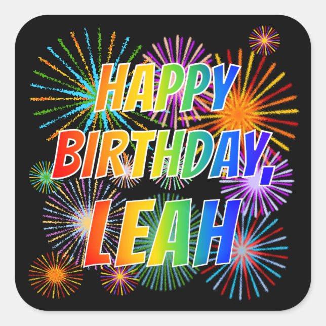 Vorname "LEAH", Fun "HAPPY BIRTHDAY" Quadratischer Aufkleber (Vorderseite)