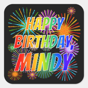 Vorname "MINDY", Spaß "GLÜCKLICHER BIRTHTAG" Quadratischer Aufkleber