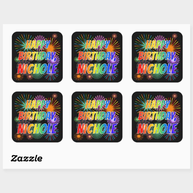 Vorname "NICHOLE", Fun "HAPPY BIRTHDAY" Quadratischer Aufkleber (Blatt)