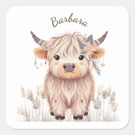 Vorname Niedlich moderne Boho Highland Cow Quadratischer Aufkleber