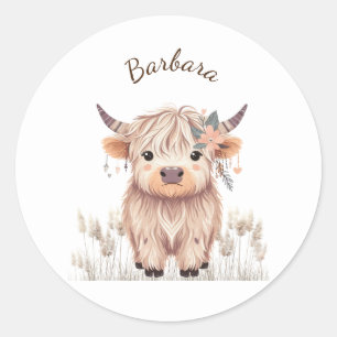 Vorname Niedlich moderne Boho Highland Cow Runder Aufkleber