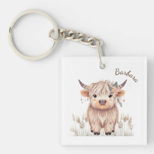 Vorname Niedlich moderne Boho Highland Cow Schlüsselanhänger