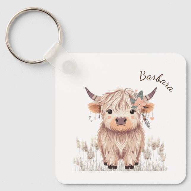 Vorname Niedlich moderne Boho Highland Cow Schlüsselanhänger (Vorderseite)
