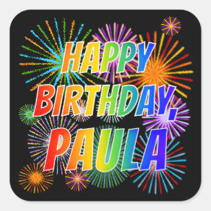 Vorname "PAULA", Fun "GLÜCK BIRTHDAY" Quadratischer Aufkleber