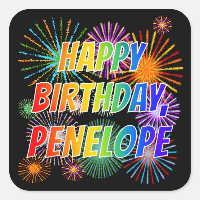 Vorname "PENELOPE", Fun "HAPPY BIRTHDAY" Quadratischer Aufkleber (Vorderseite)