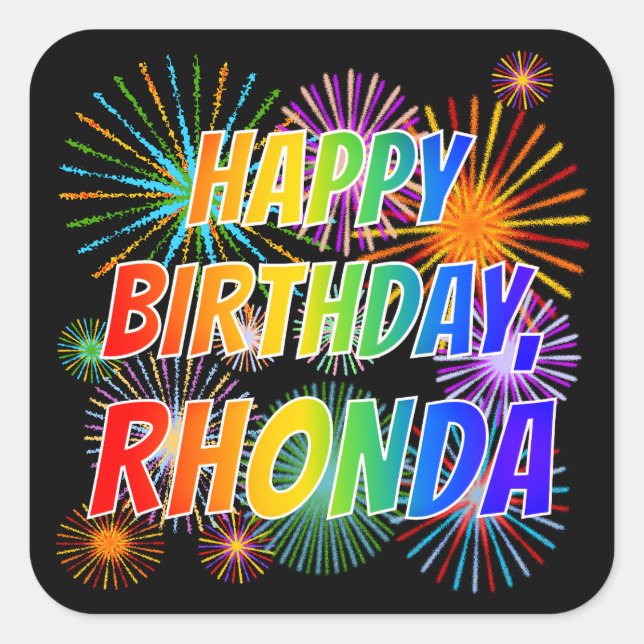 Vorname "RHONDA", Fun "HAPPY BIRTHDAY" Quadratischer Aufkleber (Vorderseite)