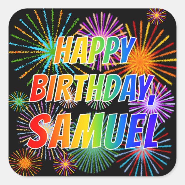 Vorname "SAMUEL", Fun "HAPPY BIRTHDAY" Quadratischer Aufkleber (Vorderseite)