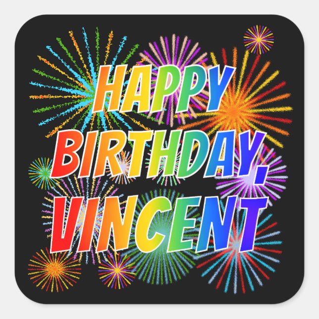 Vorname "VINCENT", Fun "HAPPY BIRTHDAY" Quadratischer Aufkleber (Vorderseite)