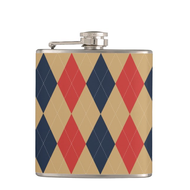 Vornehm Argyle Khaki Navy Rot Personalisiert Flachmann (Vorderseite)