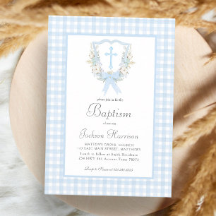 Vornehme blaue Gingham-Taufe für Jungen Einladung