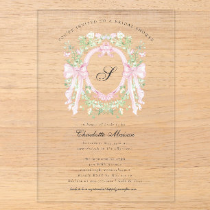 Vornehme botanische rosa Schleife Monogramm Brautp Acryleinladungen