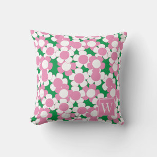 Vornehme Daisy Bloom – Rosa und grünes Monogramm Kissen