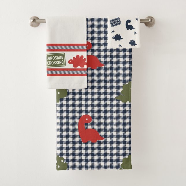 Vornehme Jungen Dinosaurier Gingham - Rot & Navy Badhandtuch Set (Insitu)
