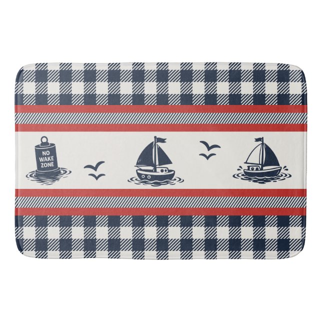Vornehme Jungen Segelboot & Gingham - Scheunenrot  Badematte (Vorderseite)