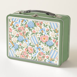 Vornehme Küsten-Chic-Pickleball-Blue und Blush-Pin Metall Brotdose