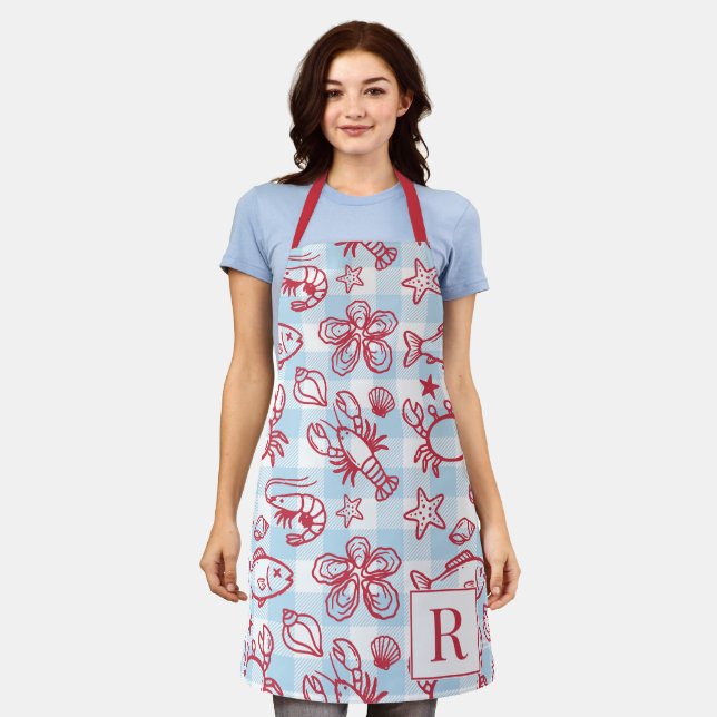 Vornehme Küsten-Meeresfrüchte-Gingham-Küchendekora Schürze (Getragen)