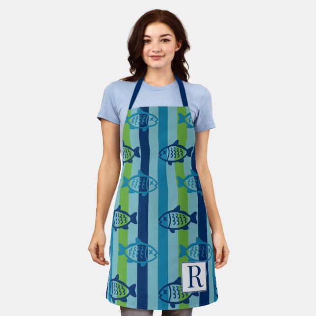 Vornehme Küstenfisch Grün Blau Streifen Schürze (Getragen)