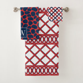 Vornehme maximalistische Gitterstruktur Rot & Navy Badhandtuch Set