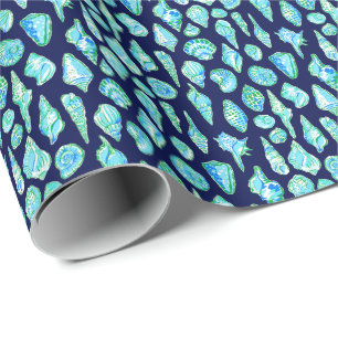 Vornehme Meeresschnecken auf marineblauem Hintergr Geschenkpapier