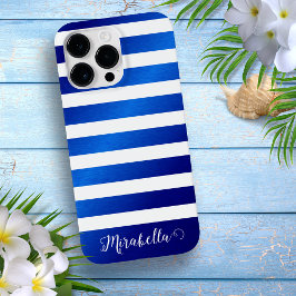 Vornehme Monogramm Name Blau und Weiße Streifen Case-Mate iPhone 14 Pro Max Hülle