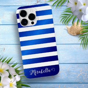 Vornehme Monogramm Name Blau und Weiße Streifen Case-Mate iPhone 14 Pro Max Hülle