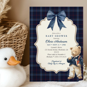 Vornehme Navy-Blau-Tartan-Teddybär-Jungen-Baby-Par Einladung