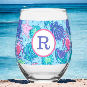 Vornehme Strand-Monogramm mit rosa Krebsen und Mus Weinglas Ohne Stiel