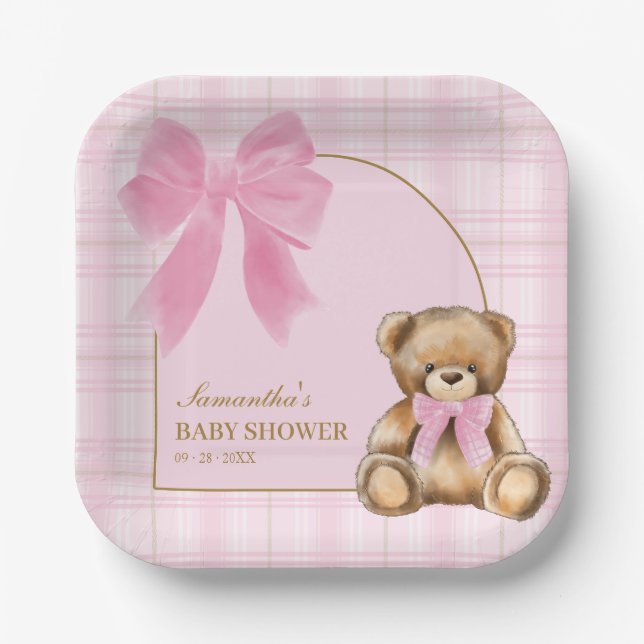 Vornehme Teddybär-Platten mit rosa Schottenmuster  Pappteller (Vorderseite)