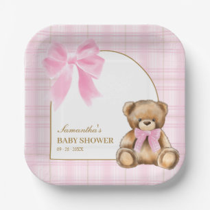 Vornehme Teddybär-Platten mit rosa Schottenmuster  Pappteller