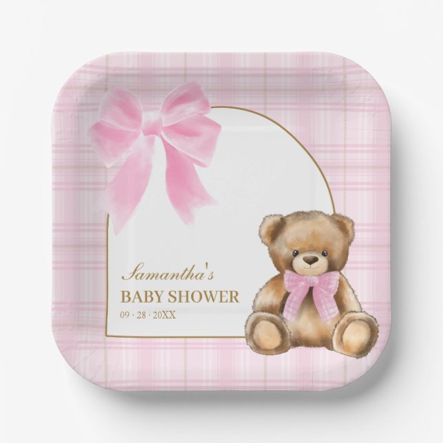 Vornehme Teddybär-Platten mit rosa Schottenmuster  Pappteller (Vorderseite)