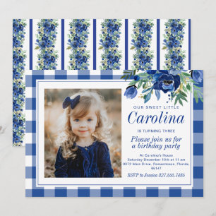 Vornehme Wasserfarbe Marineblaue Florals Gingham Einladung