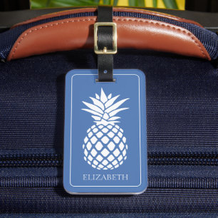 Vornehme weiße Ananas auf Blau Gepäckanhänger