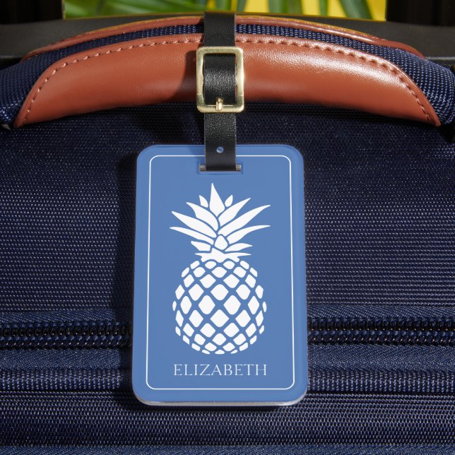 Vornehme weiße Ananas auf Blau Gepäckanhänger (Vorderseite Insitu 2)